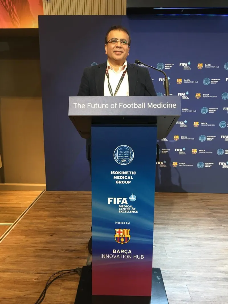 Dr. Ashfaq Konchwalla at FIFA Event Dubai — speaking at the Future of Football Medicine conference